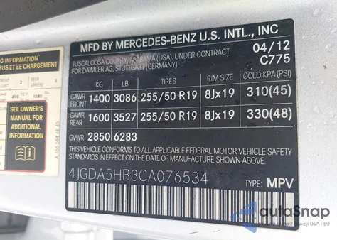 2012 Mercedes-Benz Ml 350 4Matic z USA, uszkodzony, nr VIN 4JGDA5HB3CA076534